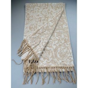 German Winter Scarf Cozy Beige Fringe Flue Scroll Floral 10X68" Soft Acrylic